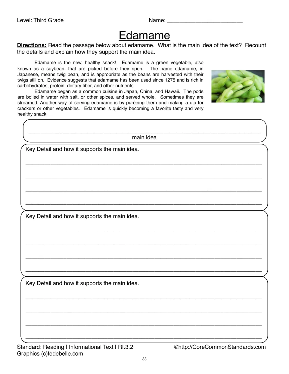 Edamame passage and response activity ask for the main idea and three supporting details about the soybean snack