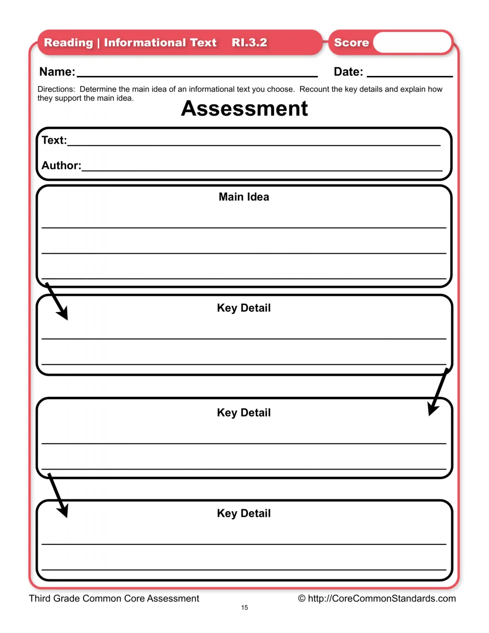 Main-idea assessment asks students to name a chosen informational text and author, then recount three key details