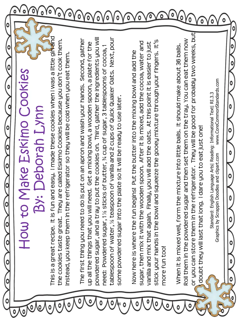 Recipe passage titled How to Make Eskimo Cookies by Deborah Lynn explains steps for making no-bake cookies