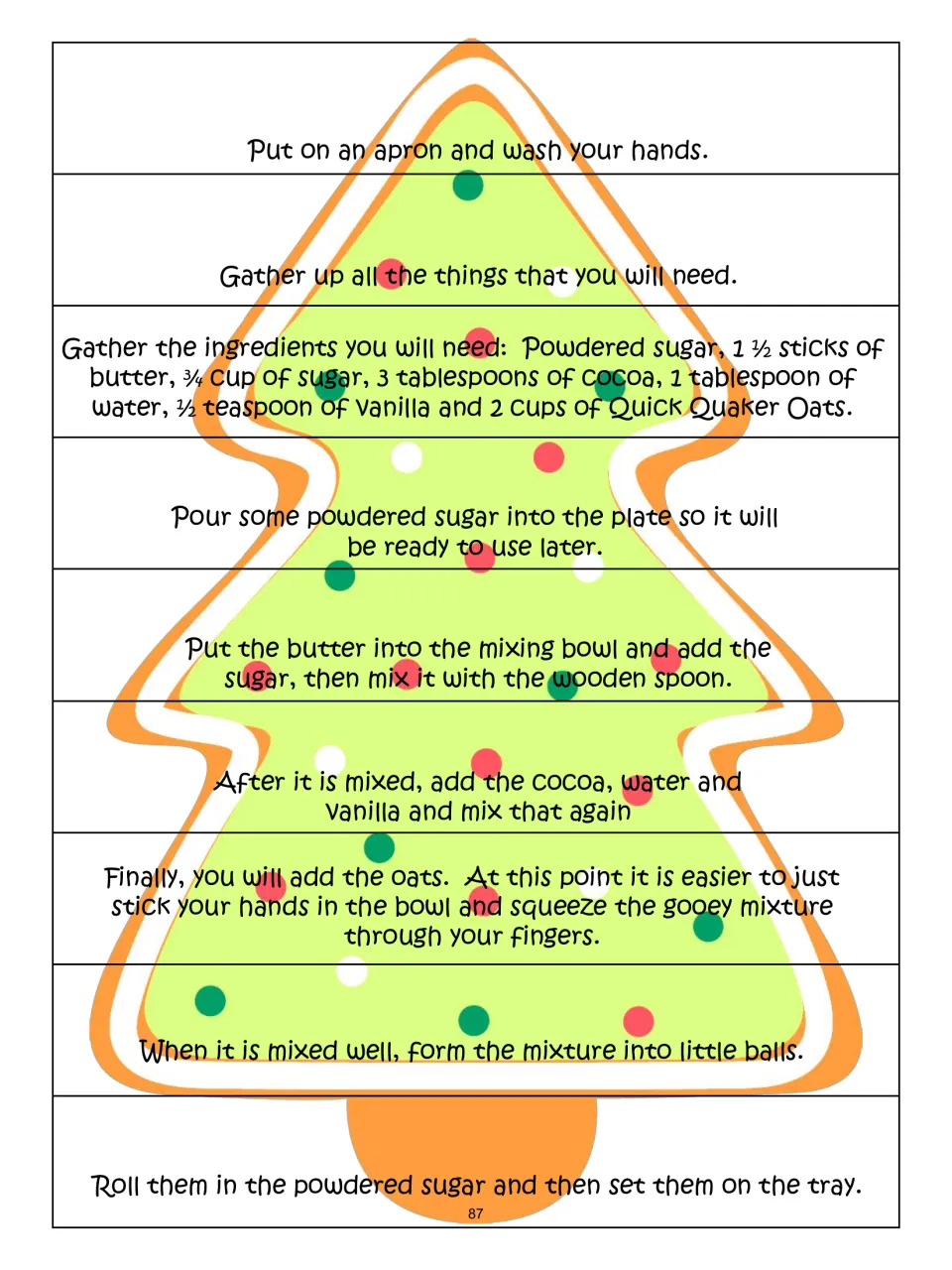Tree cookie sequencing puzzle has nine recipe steps, from washing hands to rolling balls in powdered sugar