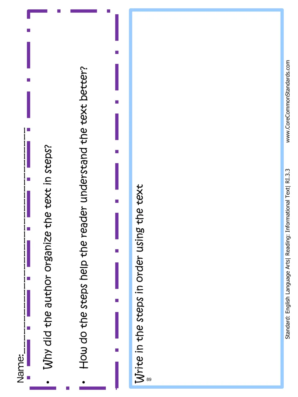 Procedural sequence worksheet asks why an author uses steps and directs students to write them in order
