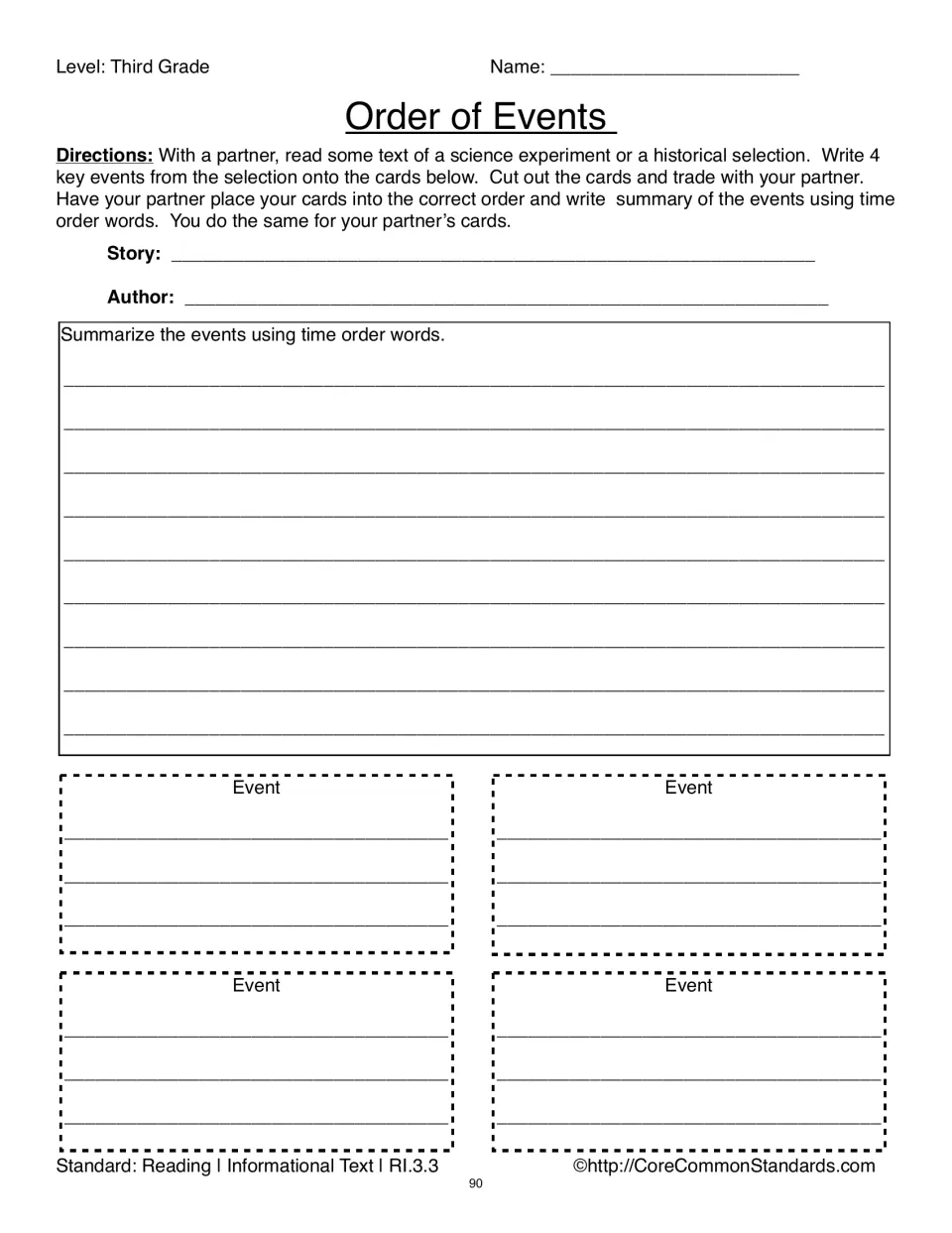Order of Events partner worksheet has four event cards to cut out, exchange, sequence, and summarize