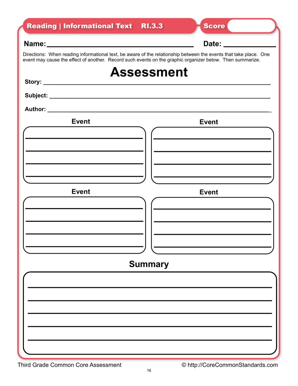 Reading assessment asks students to record four related events from informational text and write a summary