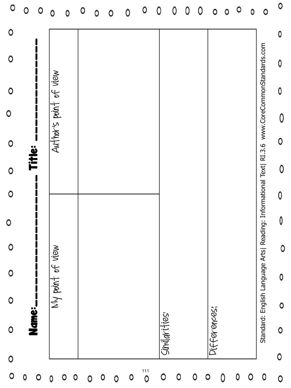 Comparison organizer for recording My point of view, Author's point of view, similarities, and differences