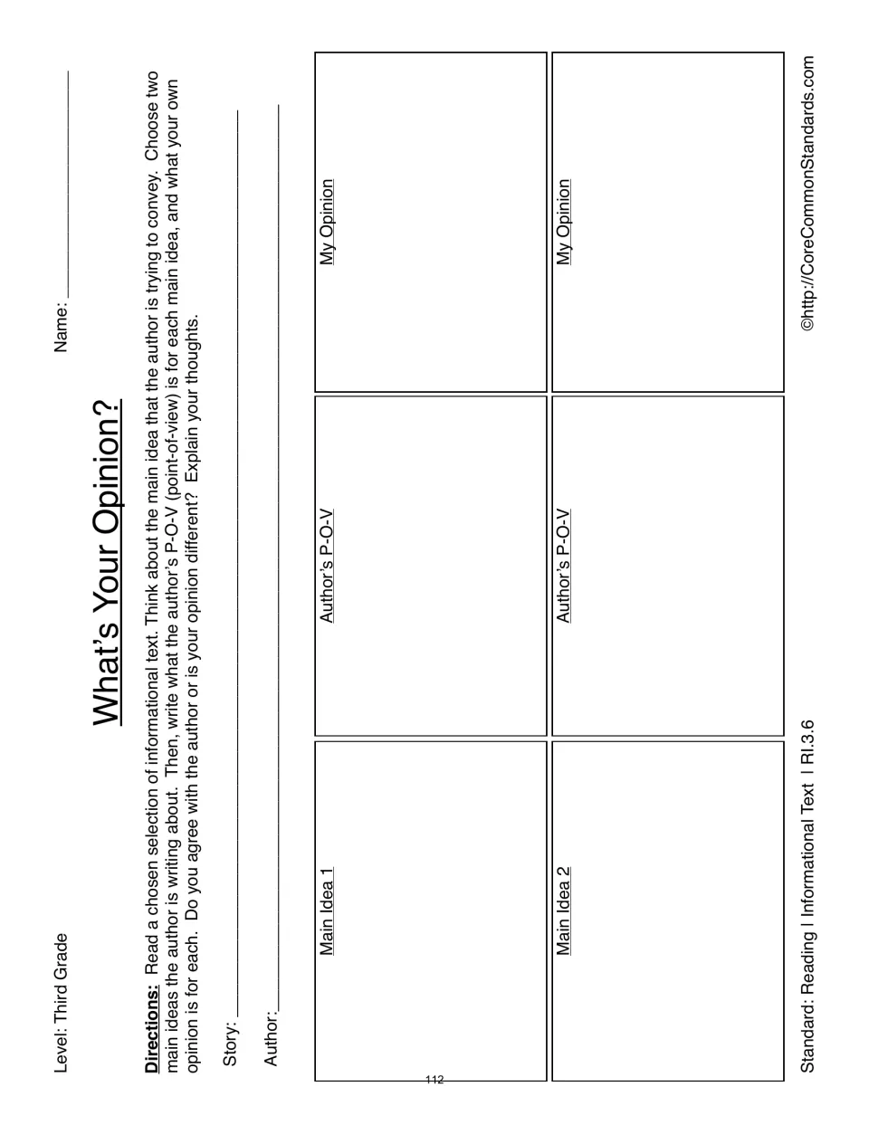 What's Your Opinion? organizer compares the author's point of view and the student's opinion on two main ideas