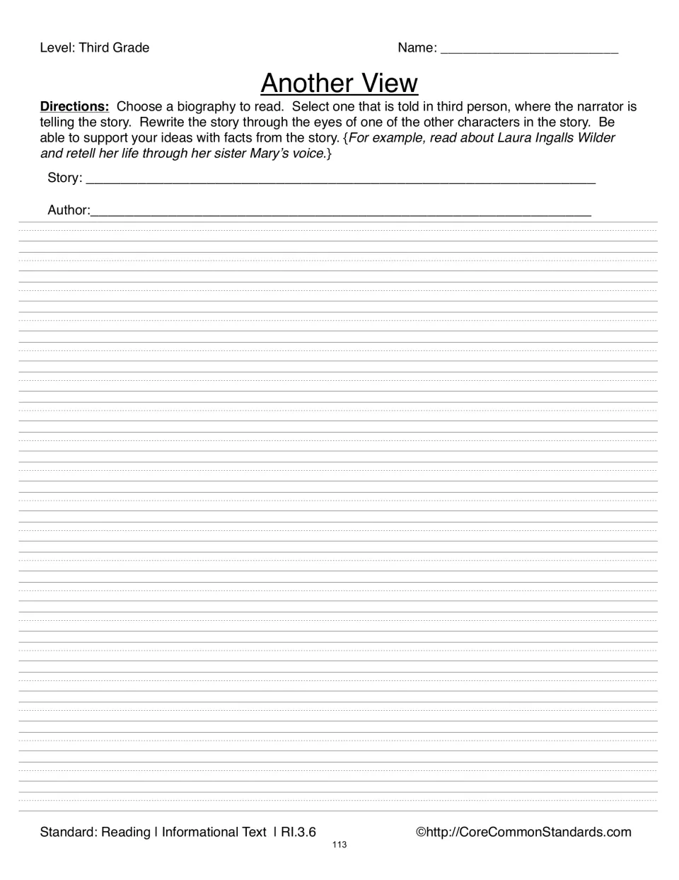 Another View writing activity asks students to rewrite a third-person biography through another character's eyes