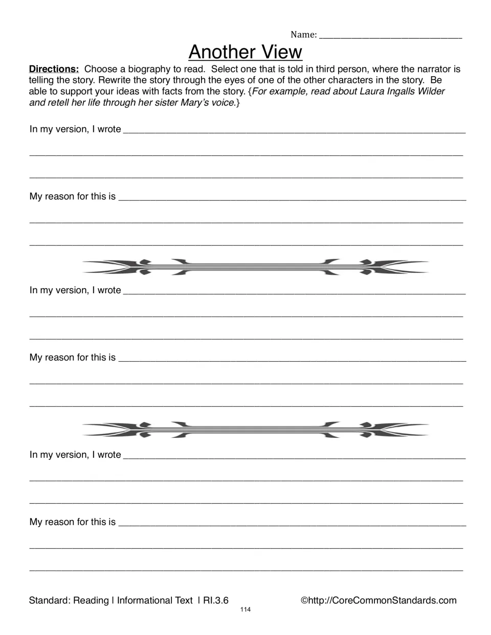 Another View follow-up asks students to explain three choices using In my version, I wrote and My reason for this