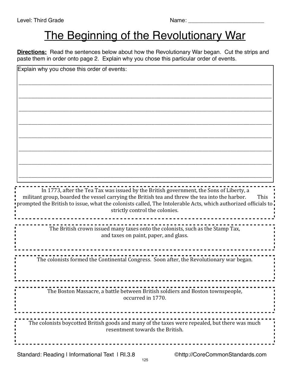 Revolutionary War sequencing activity provides five event strips to cut out and asks students to explain their order