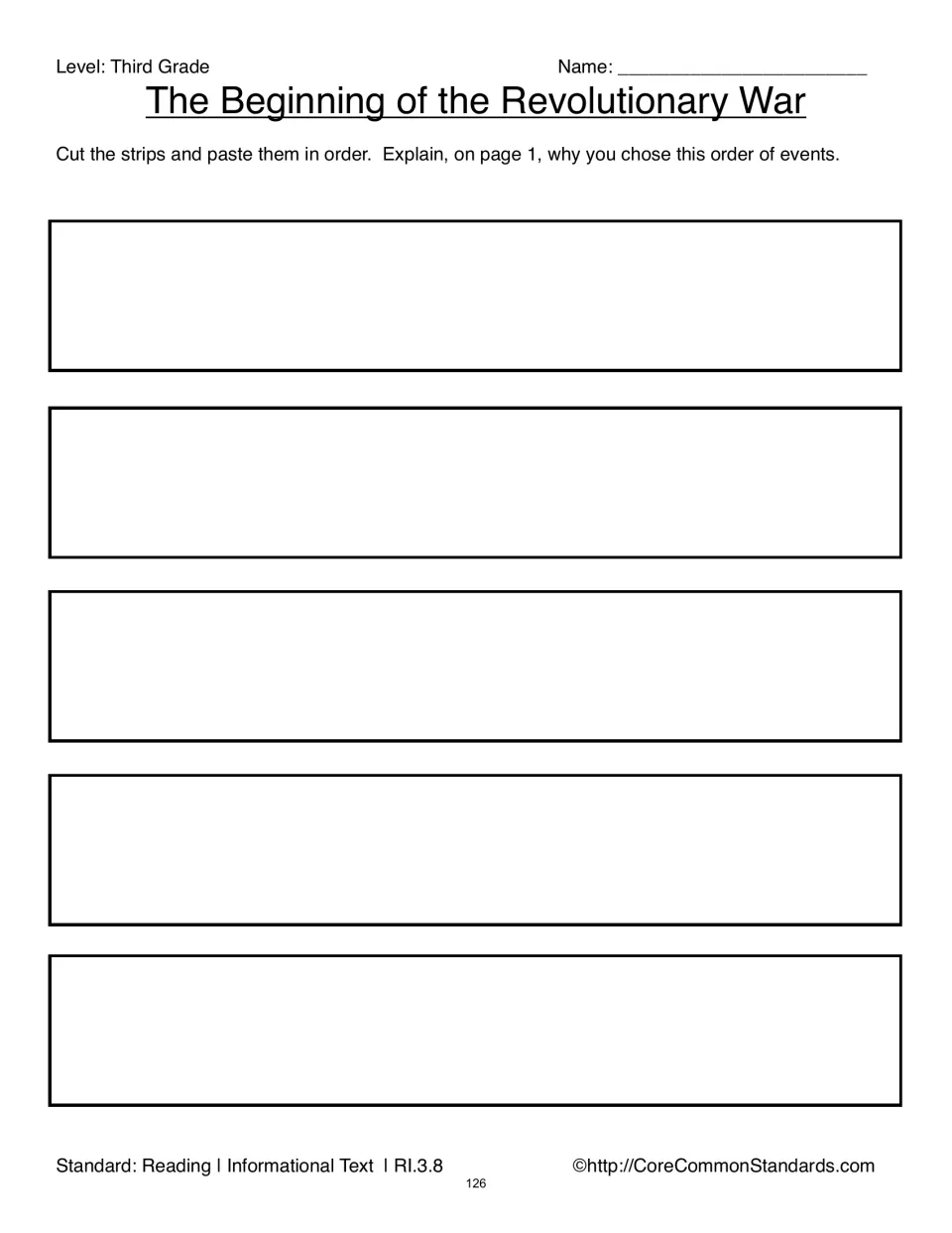 Revolutionary War sequencing activity continues with space to paste the five event strips in chronological order