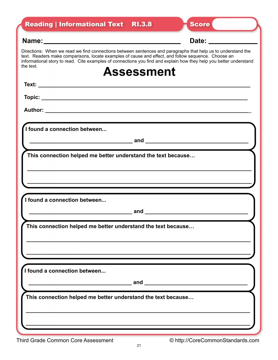 RI.3.8 assessment asks students to cite three connections in an informational text and explain how each helps