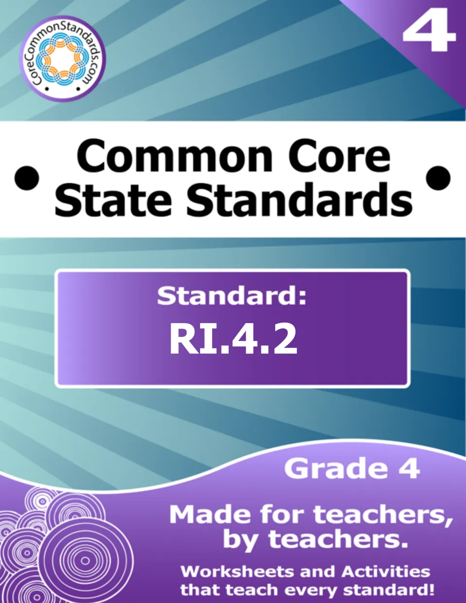 Reading lesson cover identifying Common Core State Standards, standard RI.4.2, and Grade 4 activities