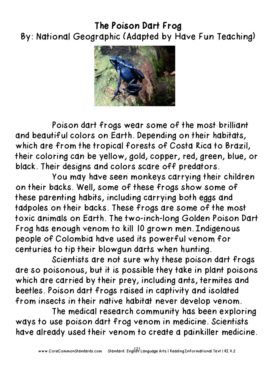 The Poison Dart Frog reading passage covers frog colors, parenting habits, toxicity, and medical research