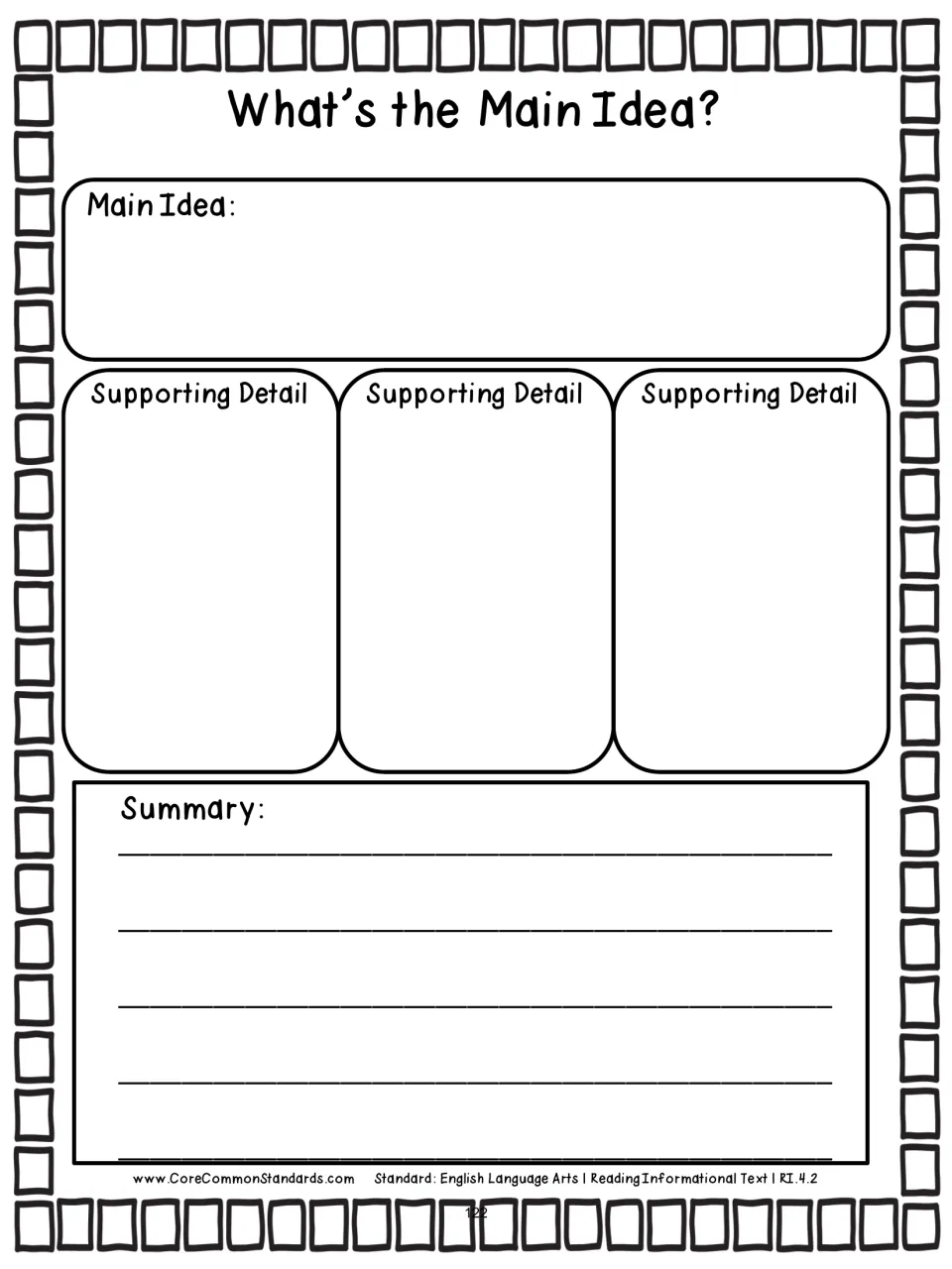 Main-idea graphic organizer asks for a text's main idea, three supporting details, and a written summary