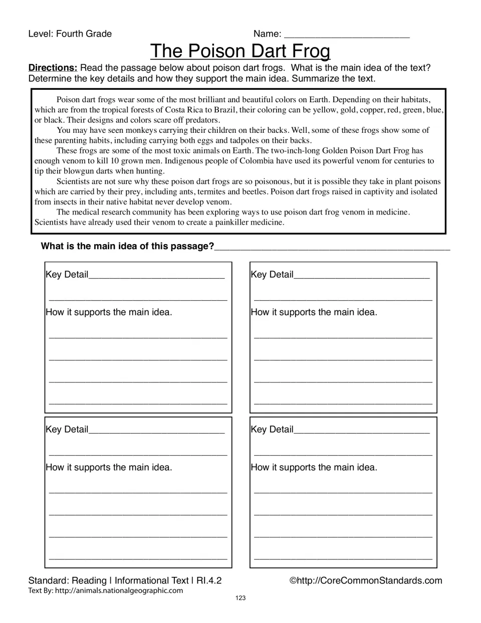 Poison dart frog passage and response sheet ask for the main idea and explanations of four key details