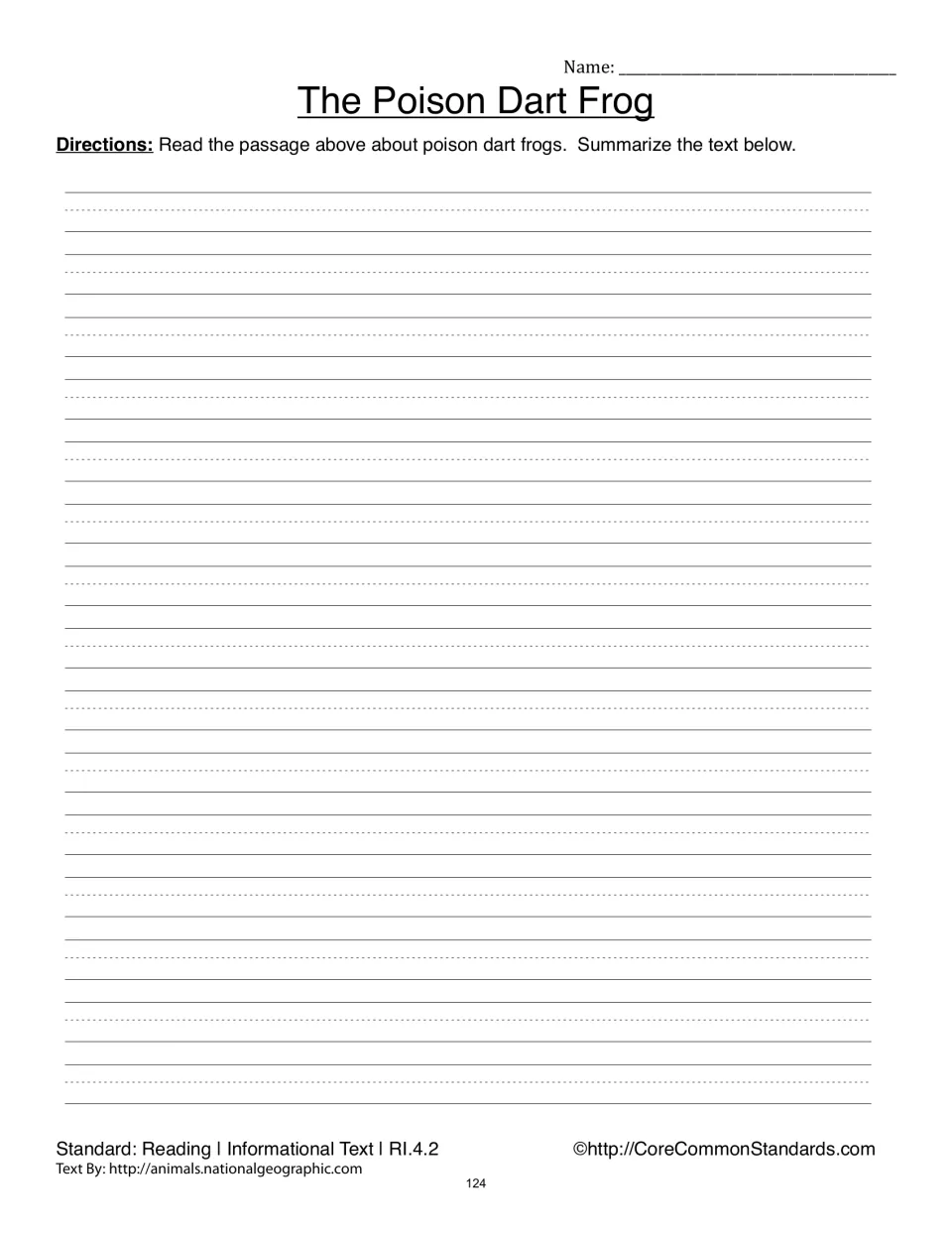 Poison dart frog summary page asks students to summarize the passage they read on the preceding page