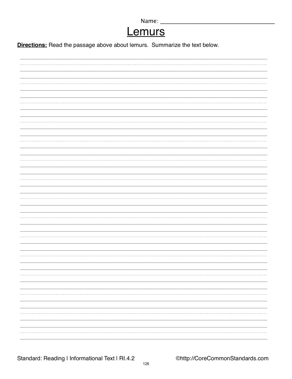 Lemur summary response page directs students to summarize the informational passage about lemurs