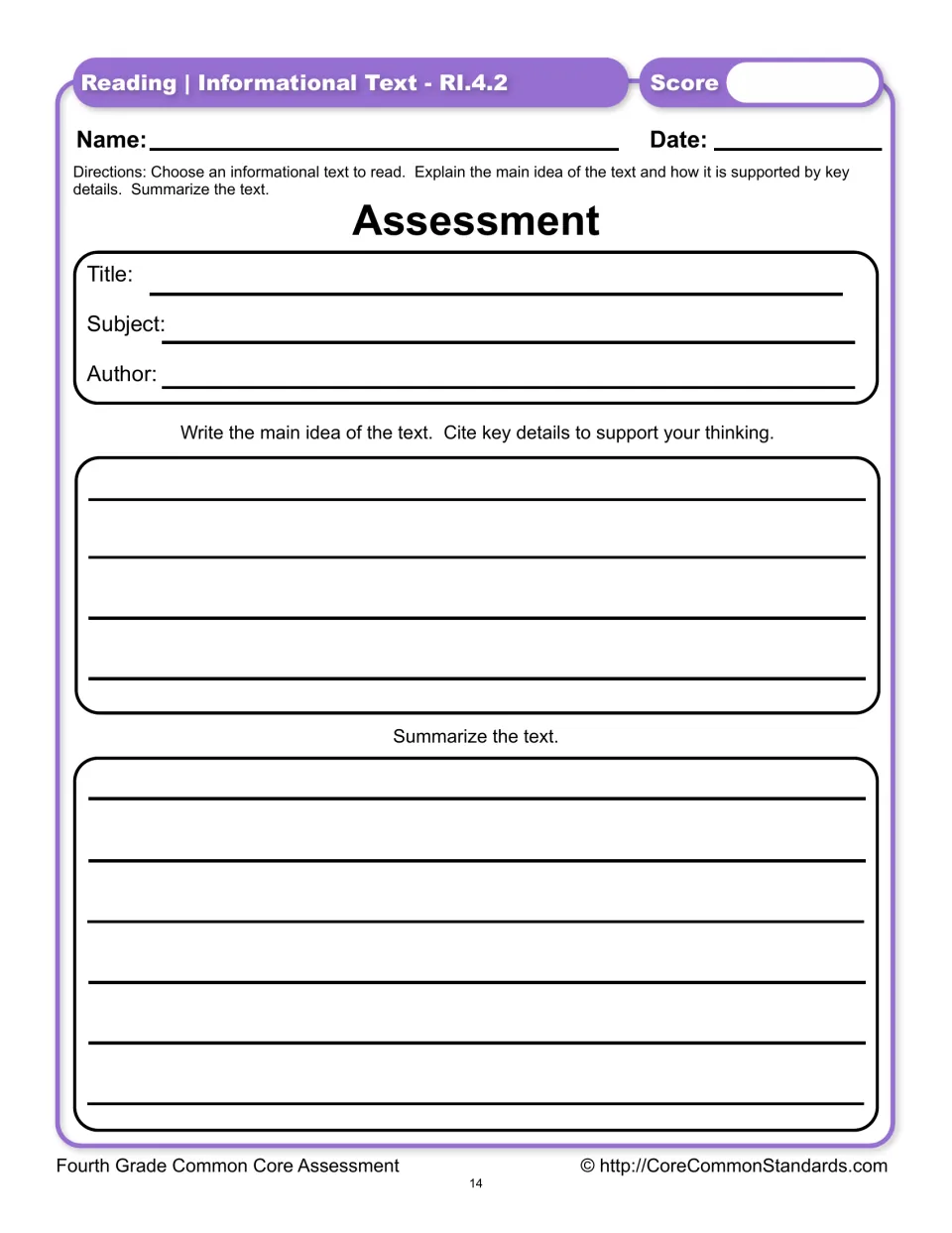 RI.4.2 assessment asks students to choose an informational text, cite main-idea details, and summarize it