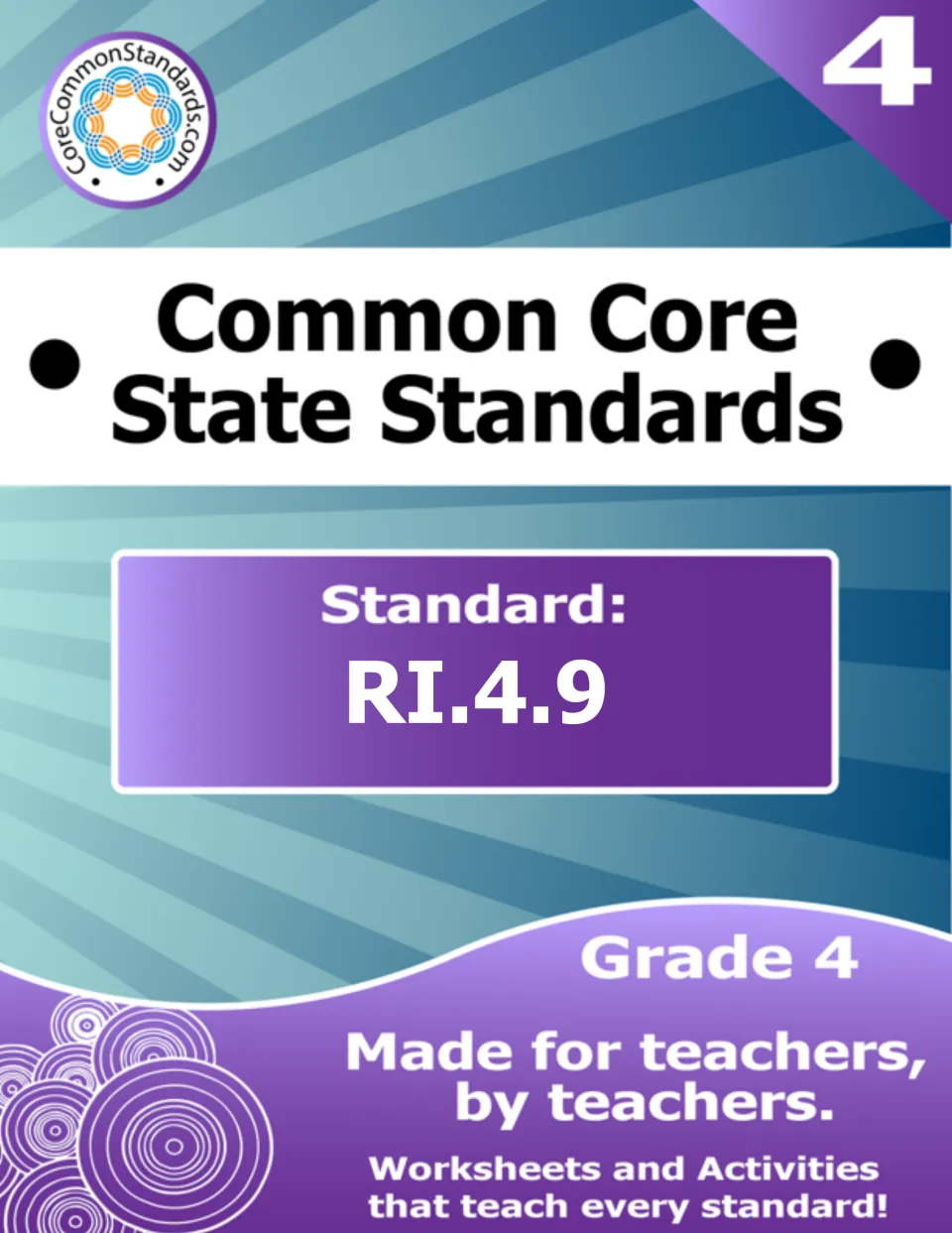 Lesson cover identifying Common Core State Standards RI.4.9 for Grade 4, with worksheets and activities