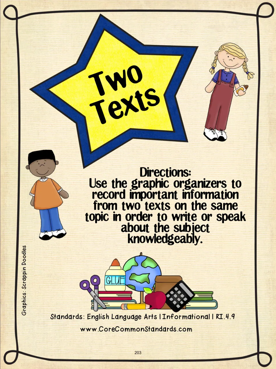 Two Texts activity directions: record important information from two texts to write or speak about a topic