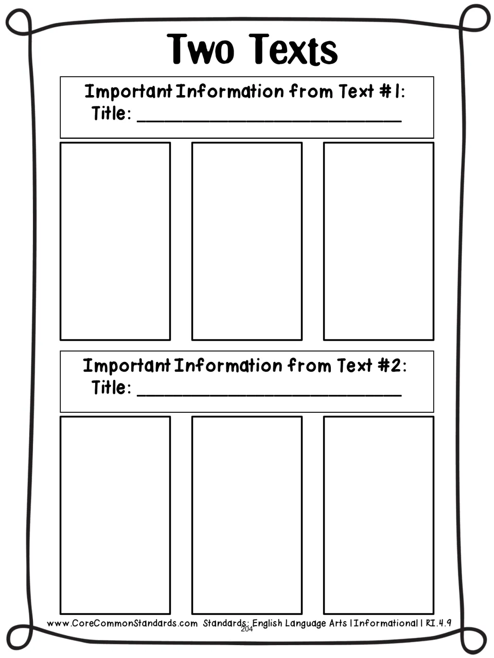 Two Texts graphic organizer for recording each text's title and three important details from each source