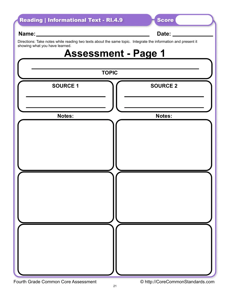 Assessment page 1 asks students to name a shared topic and take notes from two sources before presenting