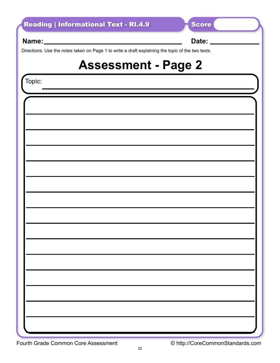 Assessment page 2 asks students to use notes from page 1 to write a draft explaining the two texts' topic