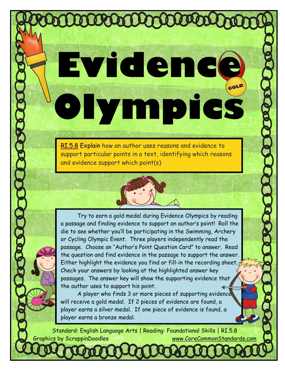 Evidence Olympics directions: three players read passages, find supporting evidence, and earn medals