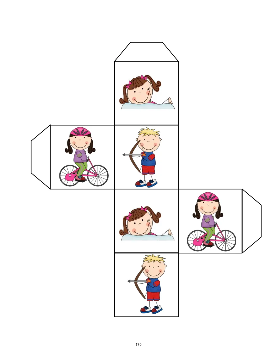 Cut-and-fold game die showing swimming, archery, and cycling twice each to select an Evidence Olympics event