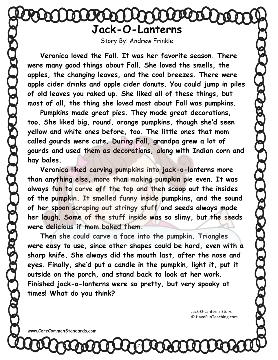 Jack-O-Lanterns reading passage about Veronica's love of fall, pumpkins, and carving faces in pumpkins