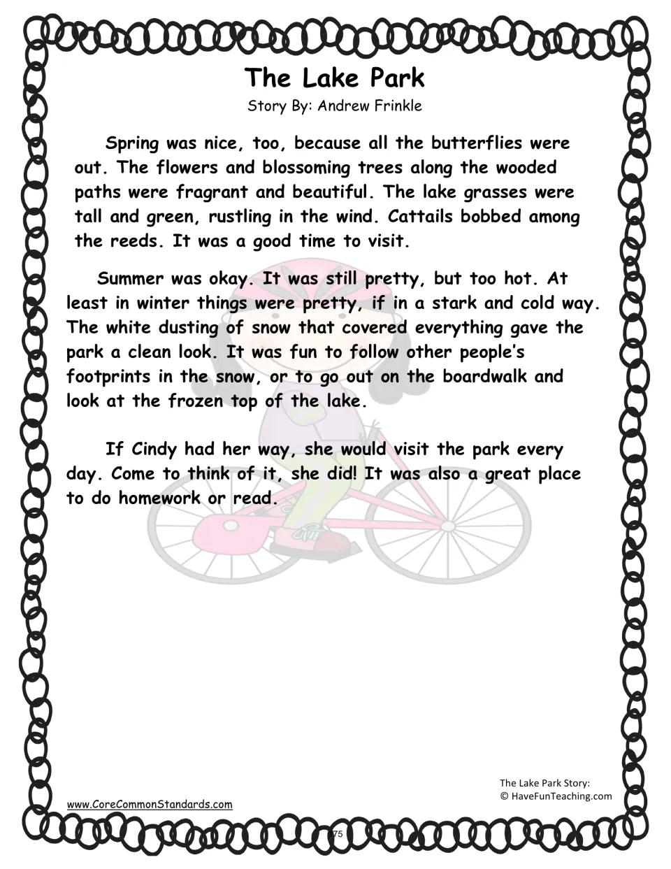 The Lake Park passage, part 2: Cindy describes spring, summer, and winter visits and reads at the park
