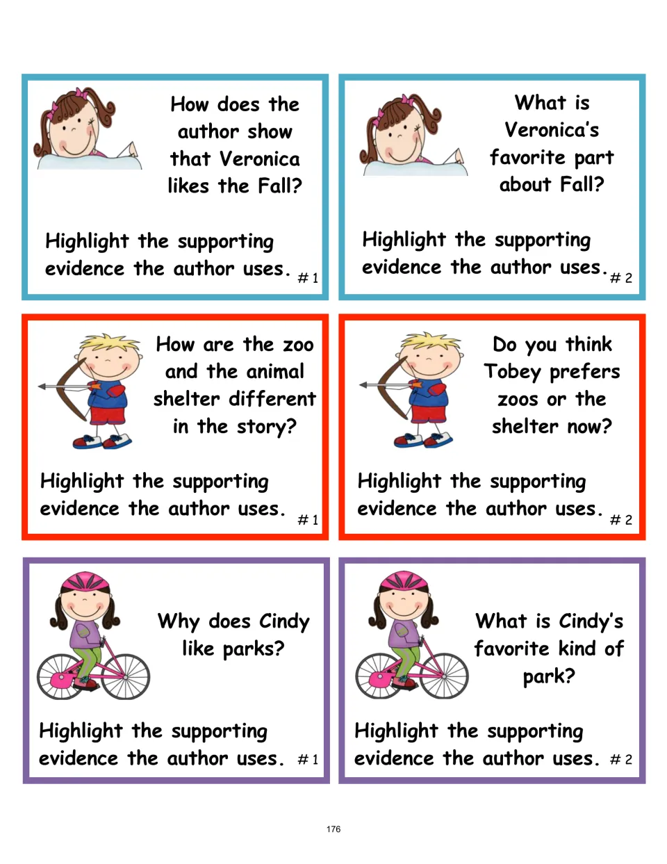 Six question cards, two per passage, ask about Veronica, Tobey, and Cindy and prompt evidence highlighting