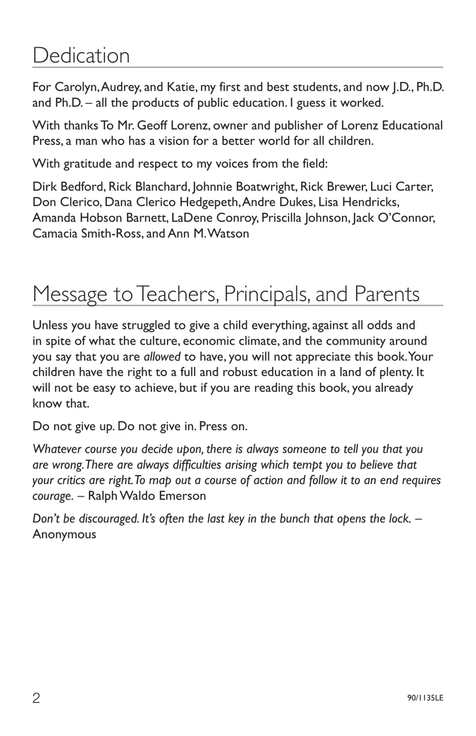 Book dedication and message to teachers, principals, and parents urging persistence in educating children