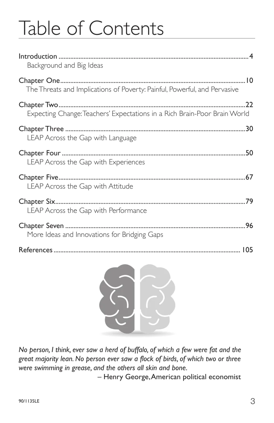 Book contents listing the introduction, seven chapters on poverty and LEAP strategies, and references