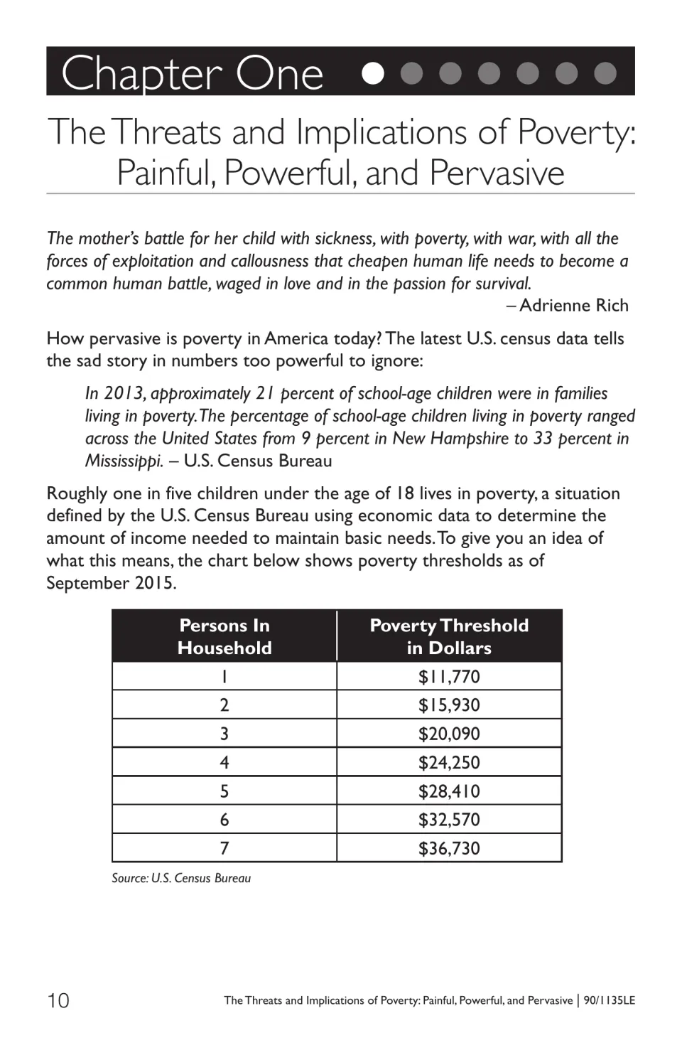Chapter One opening on poverty's prevalence, with 2013 child poverty figures and 2015 household income amounts