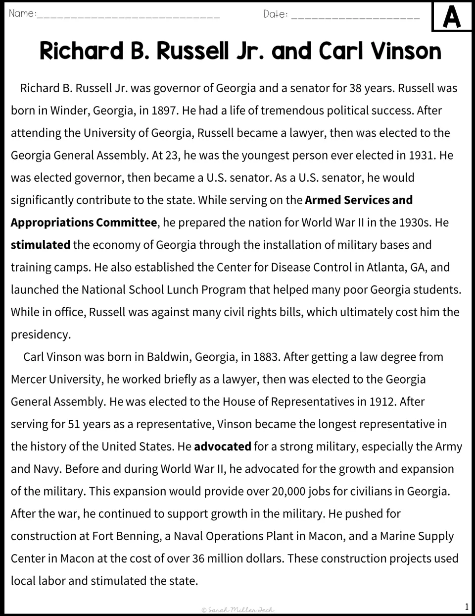 Version A passage on Georgia leaders Russell and Vinson, their careers and how military spending aided the economy