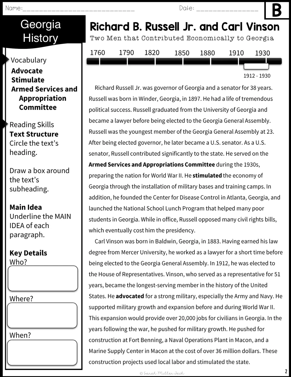 Version B passage on two men who boosted Georgia's economy, with a timeline, vocabulary list and who/where/when notes