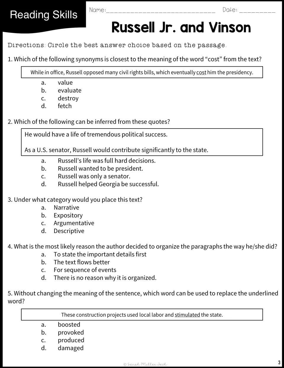 Russell and Vinson reading skills quiz: five multiple-choice items on word meaning, inference, text type and organization