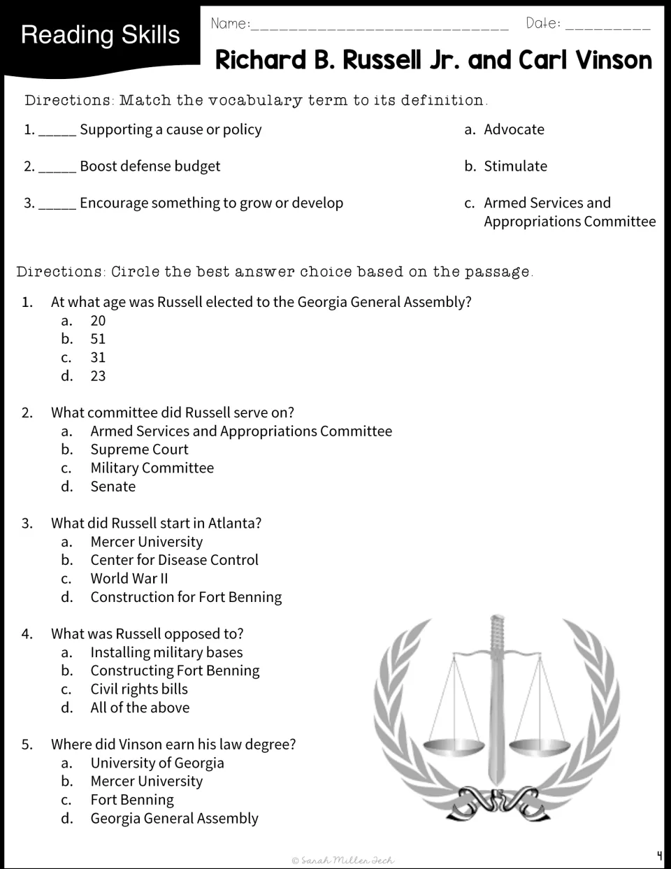 Vocabulary matching for advocate, stimulate and the Armed Services committee, plus five recall questions on the two men
