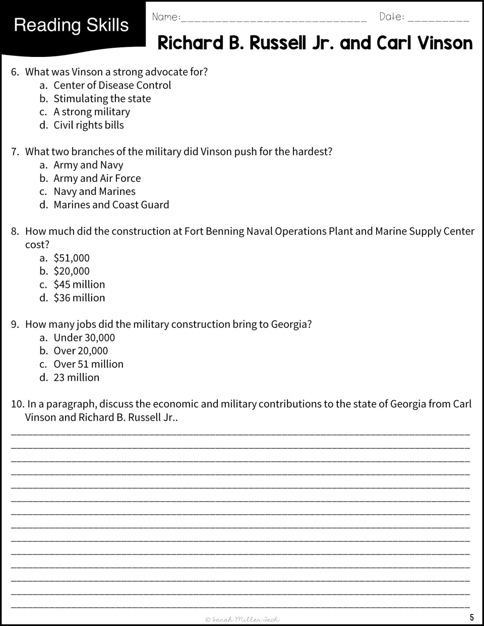 Questions 6 to 9 on Vinson's military advocacy, construction costs and jobs, then a paragraph on both men's contributions