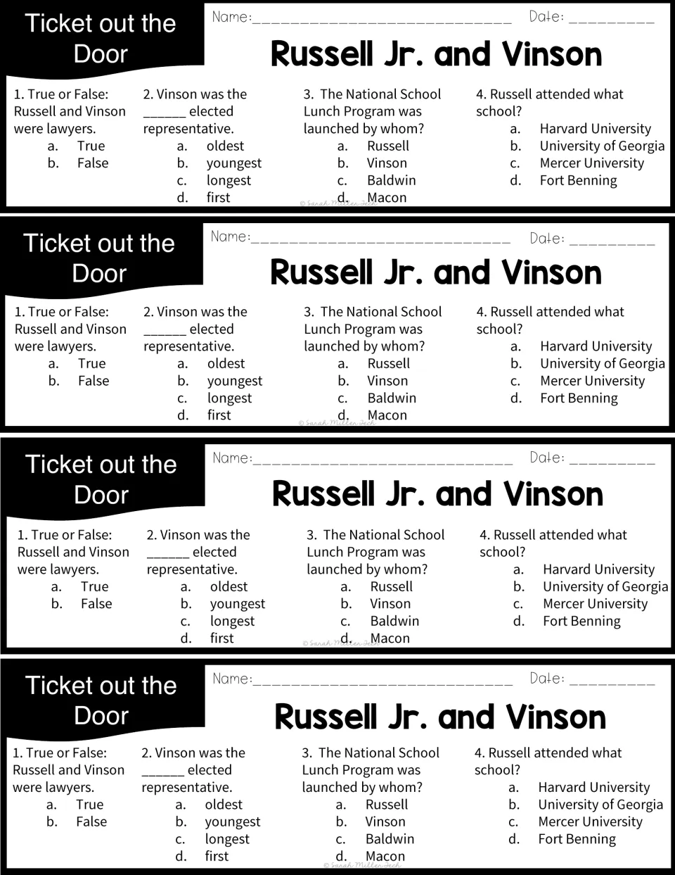 Four identical exit tickets on Russell Jr. and Vinson with four quick questions on law careers, school lunch and college