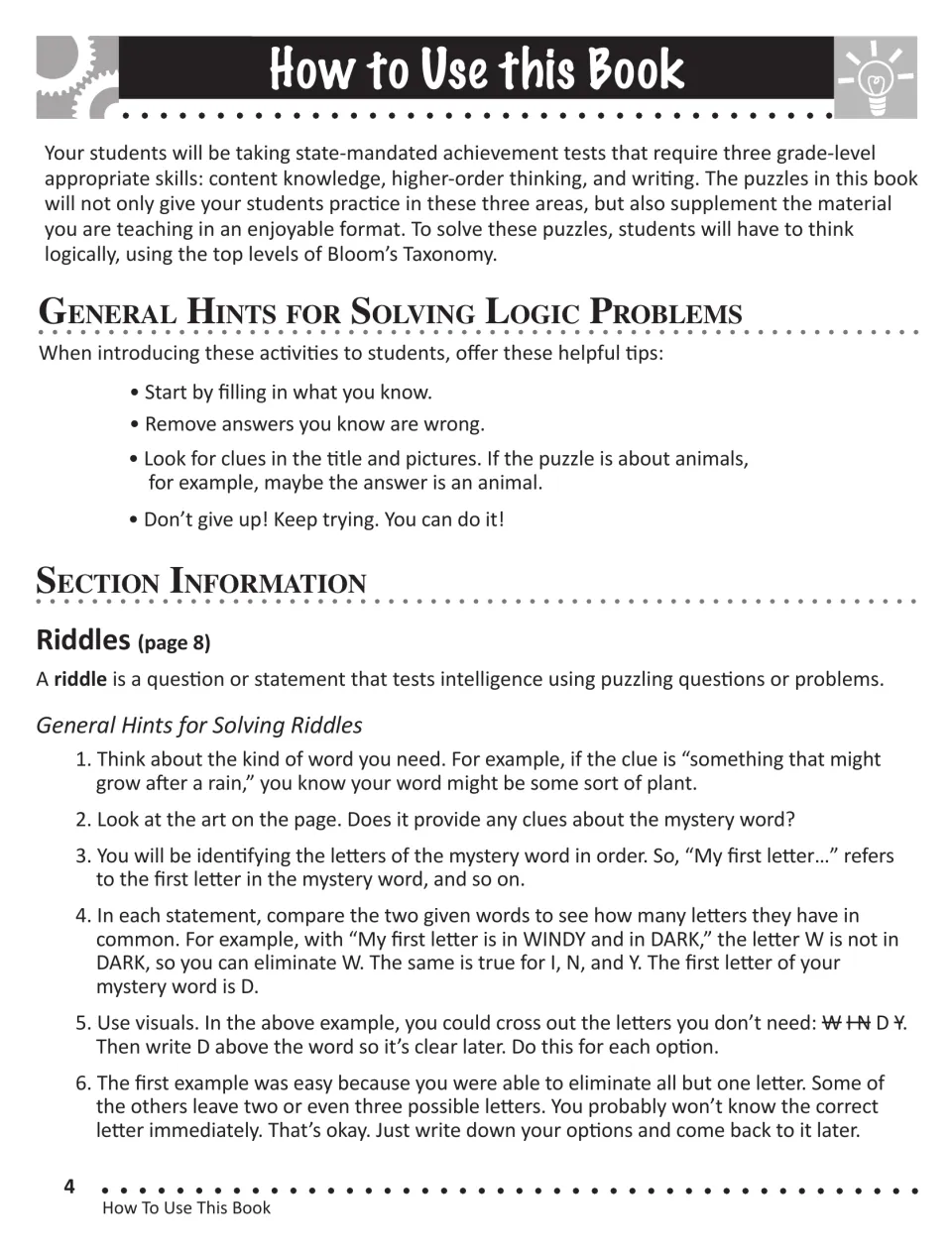 Teacher guide: logic problem tips plus steps for solving letter riddles by comparing the letters shared by two clue words