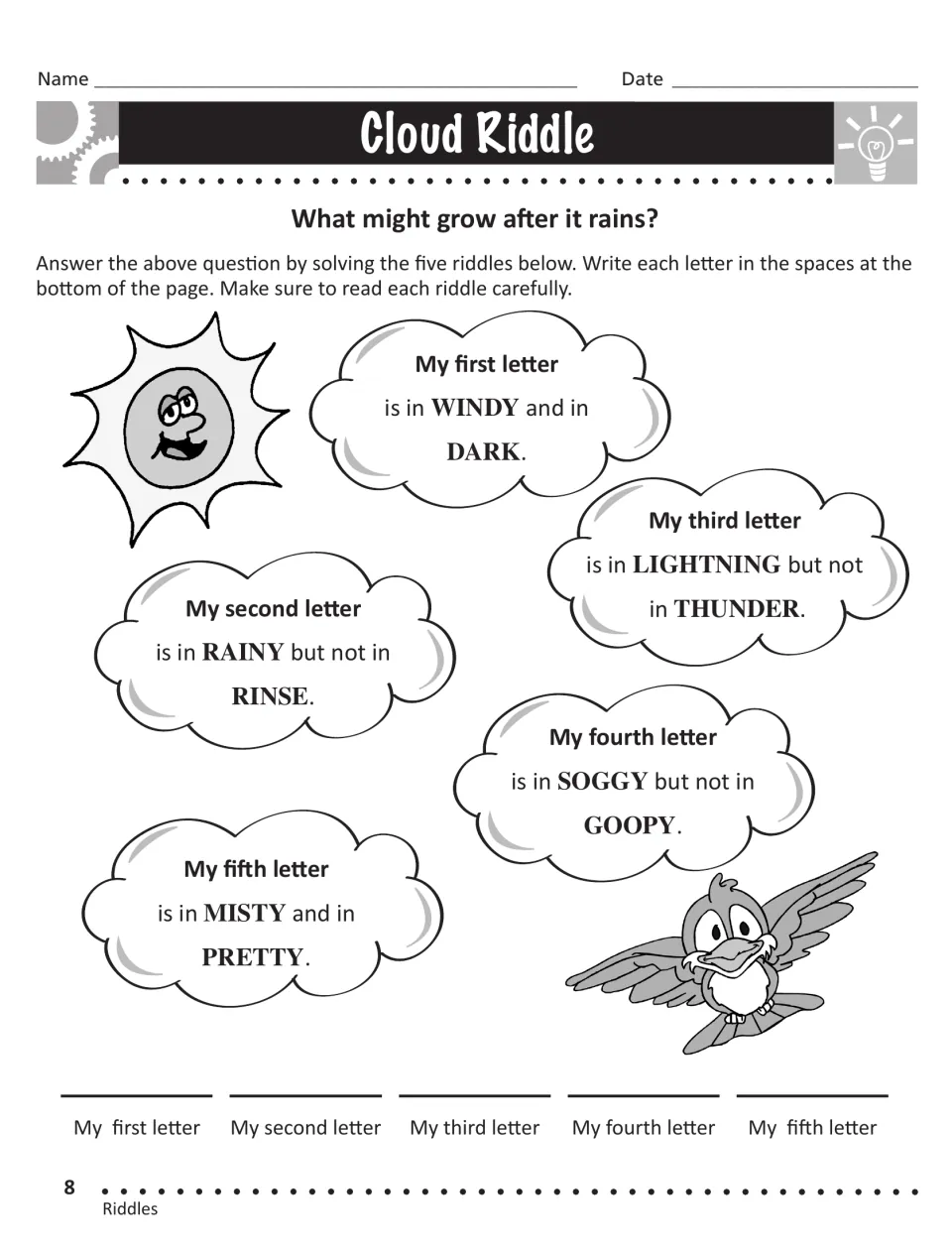 Cloud Riddle: students solve five letter clues such as 'in WINDY and in DARK' to spell what might grow after it rains