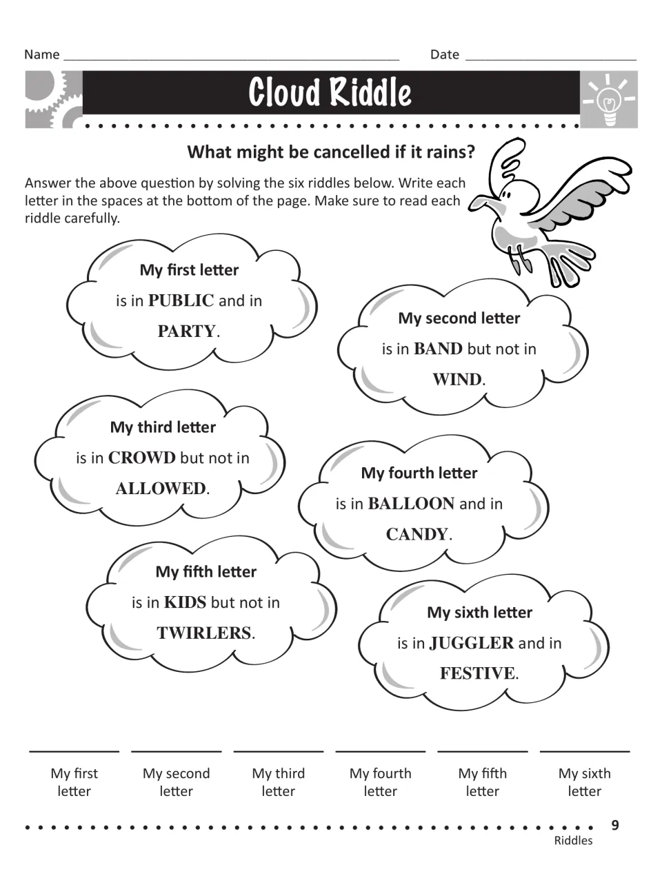 Cloud Riddle: students solve six clues, from PUBLIC and PARTY to JUGGLER and FESTIVE, to spell what rain might cancel