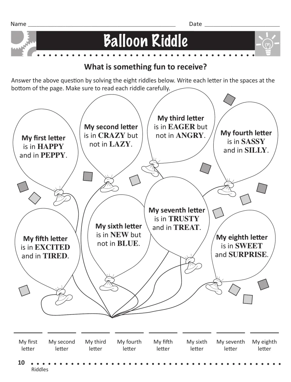 Balloon Riddle: students solve eight balloon letter clues to spell something fun to receive, first clue HAPPY and PEPPY