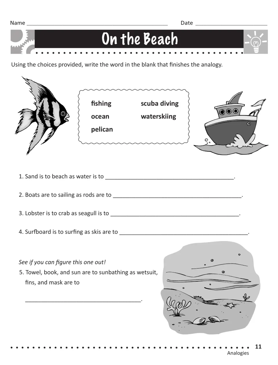 On the Beach: students choose fishing, ocean, pelican, scuba diving or waterskiing to finish five analogies