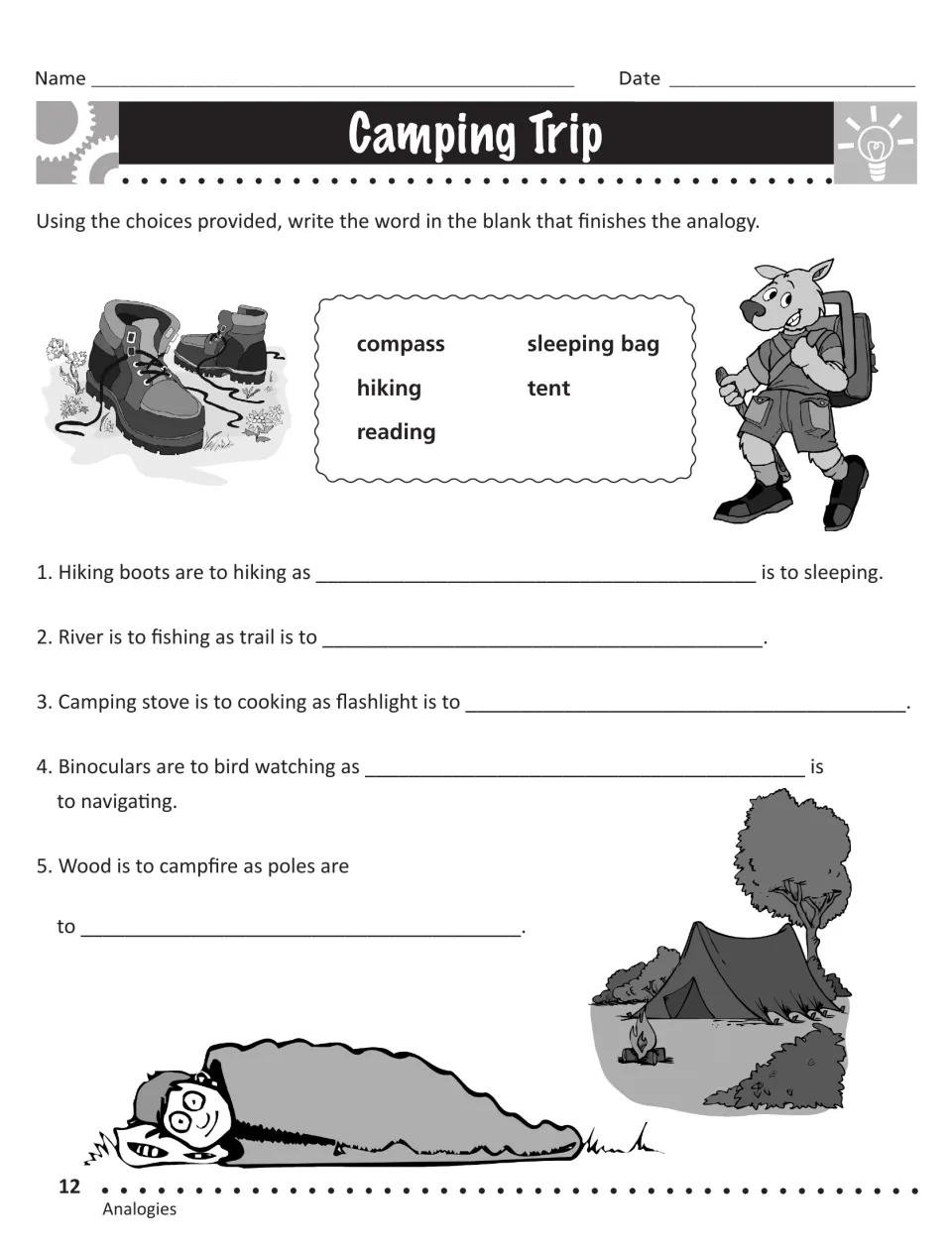 Camping Trip analogies: students choose compass, hiking, reading, sleeping bag or tent to finish five camping comparisons