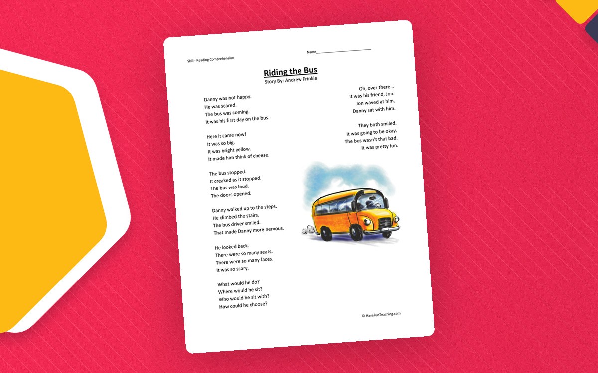 Riding the Bus reading-comprehension page with passage, yellow bus, and questions.