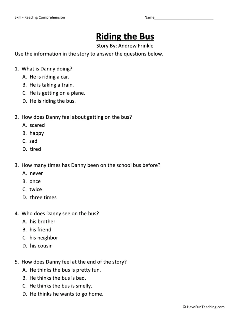 Story questions: students answer five multiple-choice items about Danny's feelings, the friend he sees and past rides