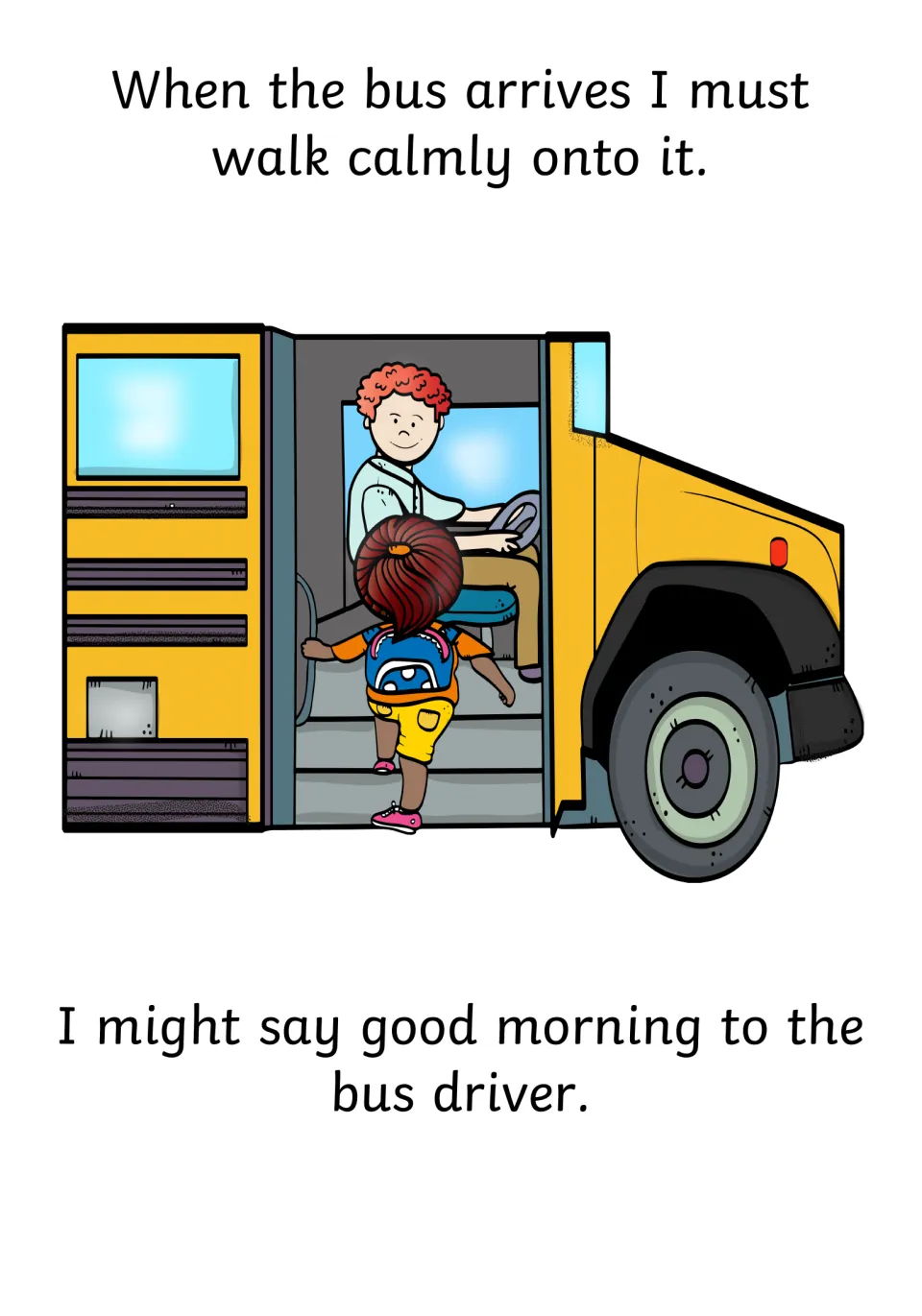 Social story page about walking calmly onto the bus and optionally saying good morning to the bus driver