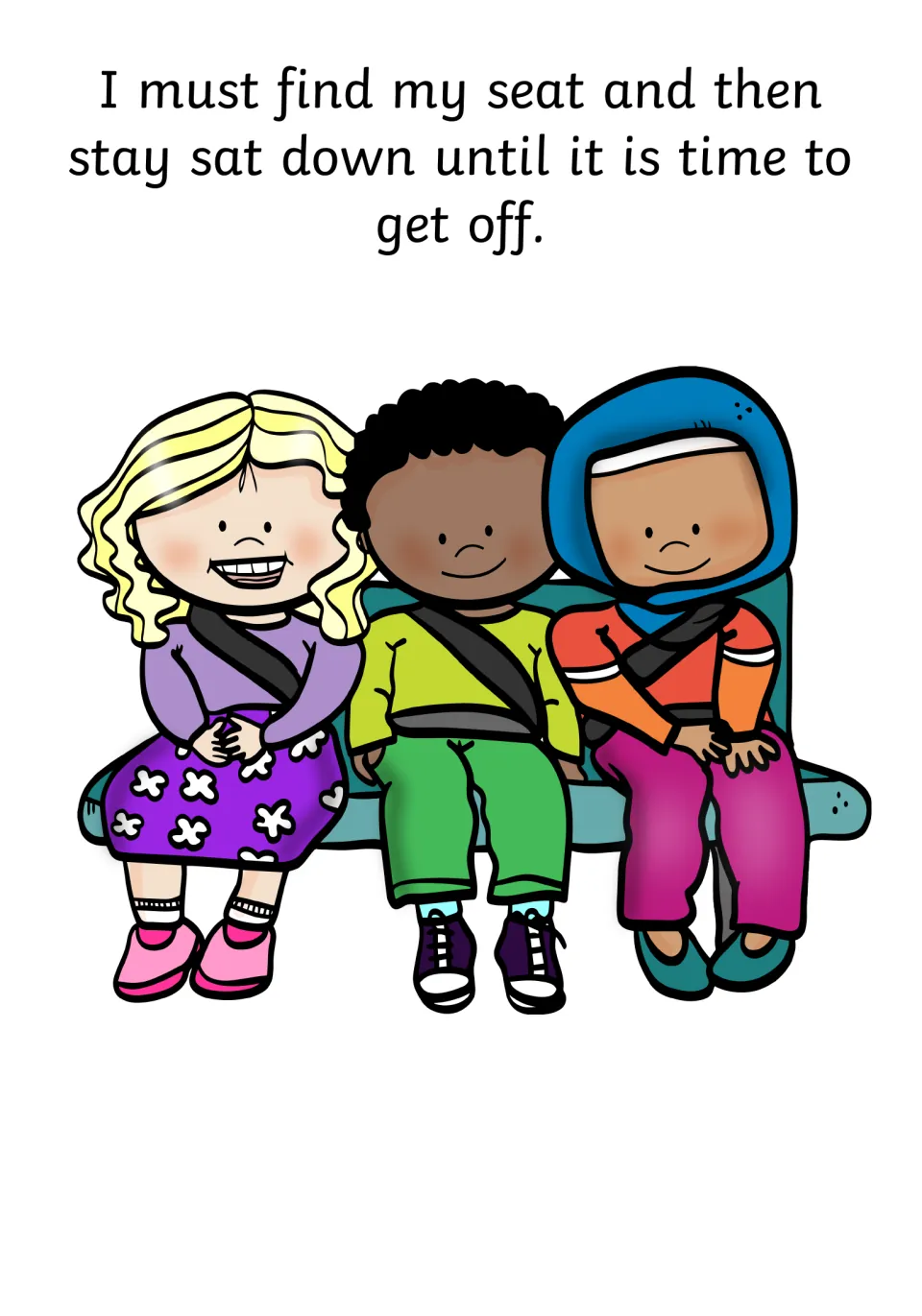 Social story page about finding a seat and staying seated until it is time to get off, with seated children